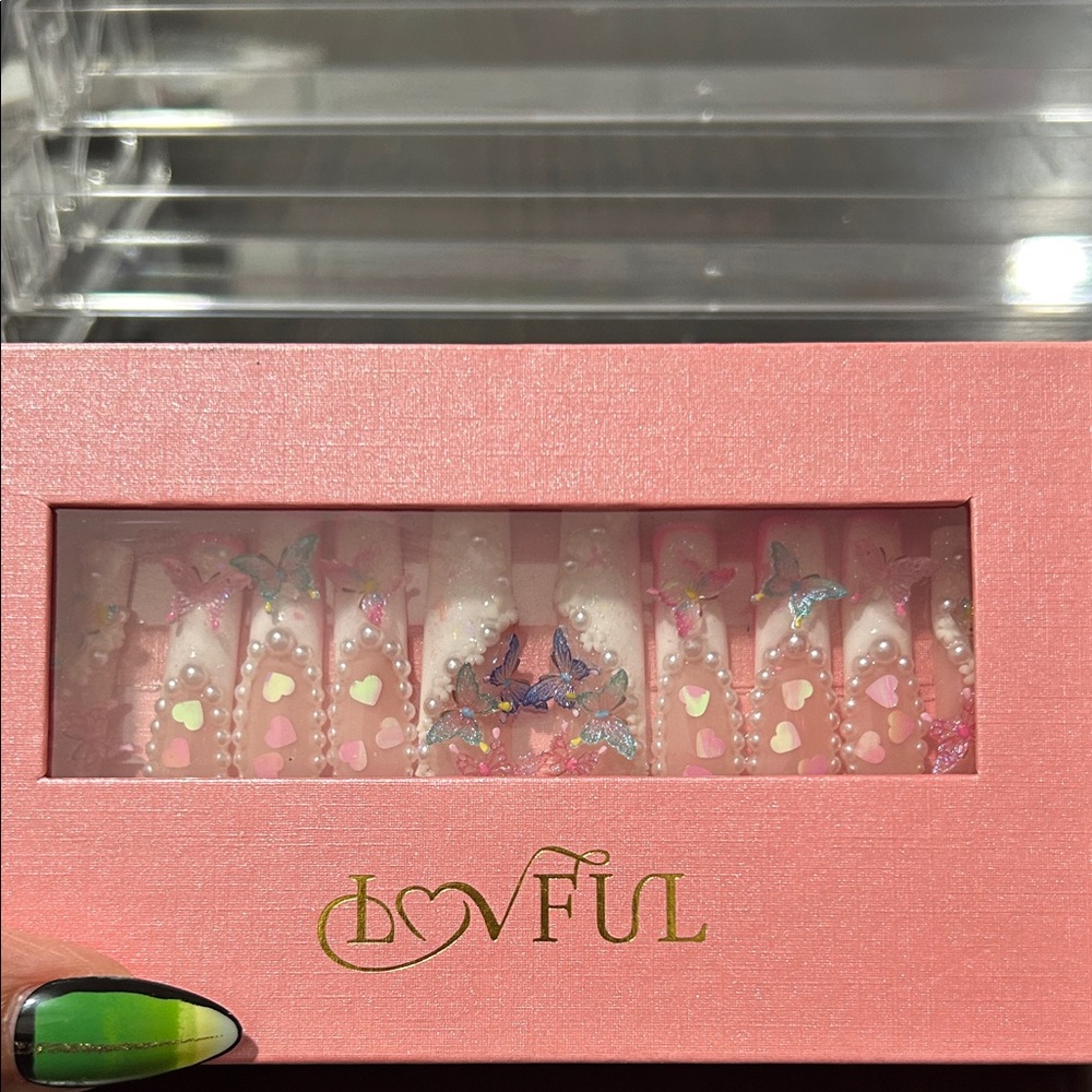 Pink and White Nail Set with Butterfly Design